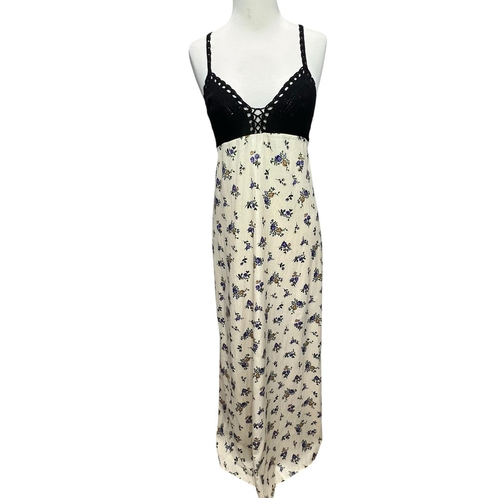 Zara Crochet Satin Maxi Slip Dress Black Cream Lavender Floral Boho Festival‎ S - Picture 2 of 14